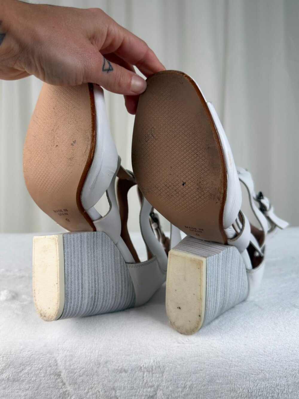 Steve Madden White Leather Cage Strappy Block Heel Sandals Womens 9 Open Toe - Picture 7 of 9